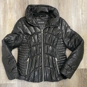 GUESS Women's Shiny Black Quilted Puffer Winter Jacket-size Large *like NEW*